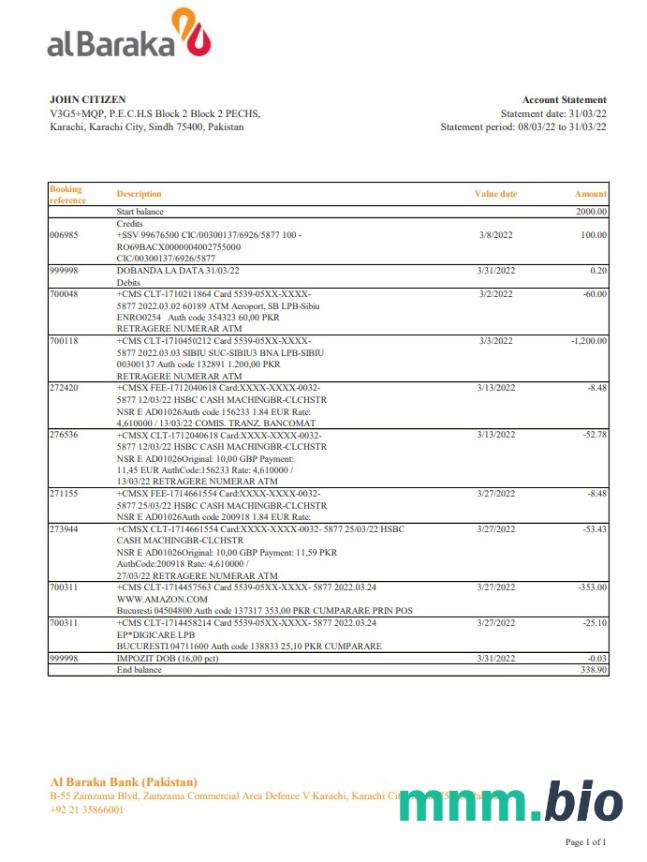 Wyciąg bankowy Pakistan Al Baraka Excel i szablon PDF